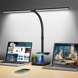 ShineTech LED Desk Lamp for Home Office, 24W Double Head Desk Light with Wireless Charging, USB Port, 25 Lighting Modes Adjustable Lamps