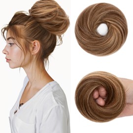 Benehair Hair Pieces for Women Messy Bun Real Hair Ponytail Extension Accessories Donut Straight Scrunchies #4/27 Medium Brown Mix Dark Blonde 25g