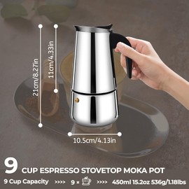 Stainless Steel Moka Pot Express Coffee Maker Stovetop Percolator Coffeemaker Italian Classic Style Brewing Greca Cafe Mocha Machine for Cafeteras Lover Camping Travel and Home Use 9 Cup 450ml