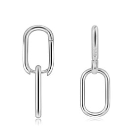 CARPDIM 925 Sterling Silver Double Oval Huggie Hoop Earrings for Women Small Silver Hypoallergenic Chunky Huggie Hoop Earrings Handmade Earrings Link Chain Square Hoop Earrings for Sensitive Ears