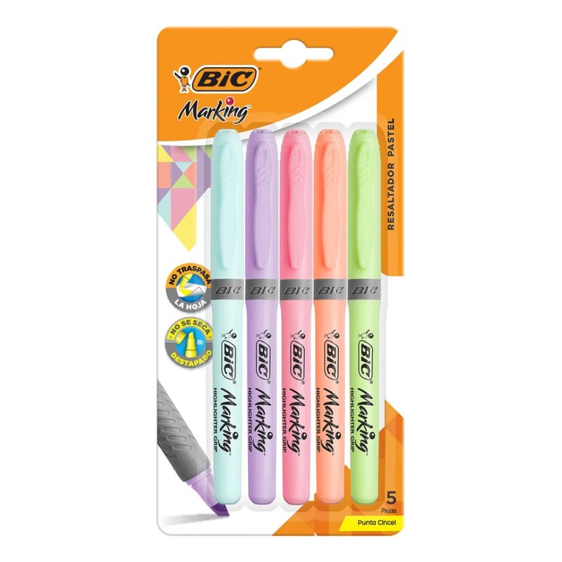 Marcatextos Resaltador Bic Marking Pastel Punta Cincel 5 Pzs
