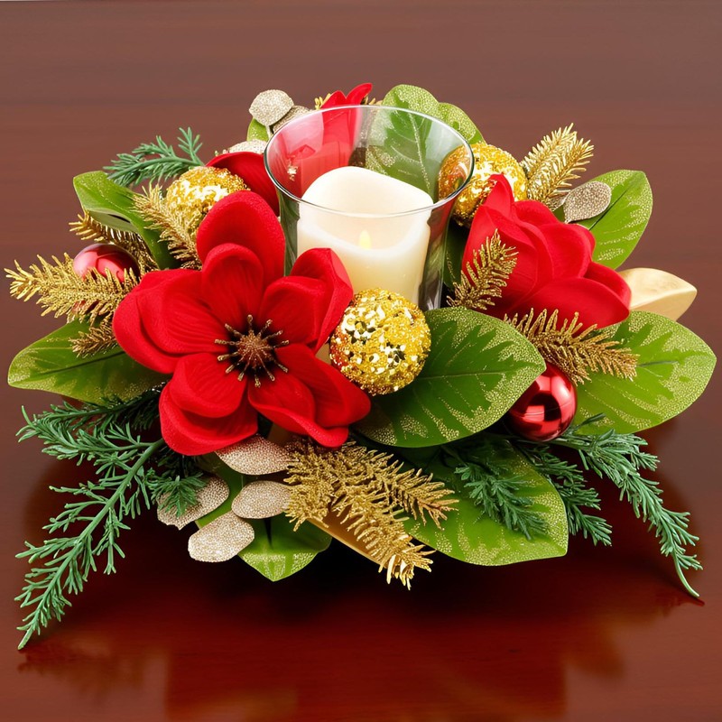 YULETIME 18-in Centerpiece with Flameless LED Candle Holder, Red Magnolia