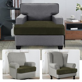 H.VERSAILTEX Stretch Velvet T Cushion Chair Covers for Living Room Armchair Sofa Cover Couch Cover Slipcover T Cushion Seat Cover (Armchair, Olive)