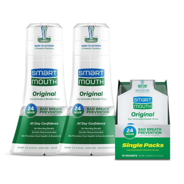 SmartMouth Original Activated 24hr Fresh Breath Rinse 2-pack and Single Travel Packs, Fresh Mint