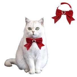 2PCS Pet Velvet Bow Collar,Adjustable Cat/Dog Heart-Shaped Faux Gem/Bell Christmas Birthday Dress Up Collar for Cats Puppy Small Dogs_Red