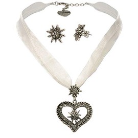 Alpenflüstern costume jewellery set, organza costume, necklace rhinestone, white heart and costume stud earrings, rhinestone edelweiss, women's costume jewellery set, necklace and costume earrings, SET043., Base Metal