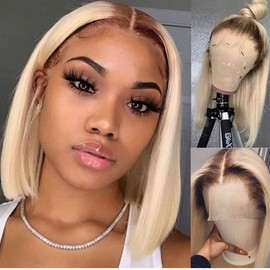 SUNFA Ombre Blonde Bob Wigs Human Hair 13x4 Front Lace Wigs Real Human Hair 1B/613 Dark Roots Middle Part Lace Front Wigs for Black Women Pre Plucked 180% Density HD Transparent 8 Inch
