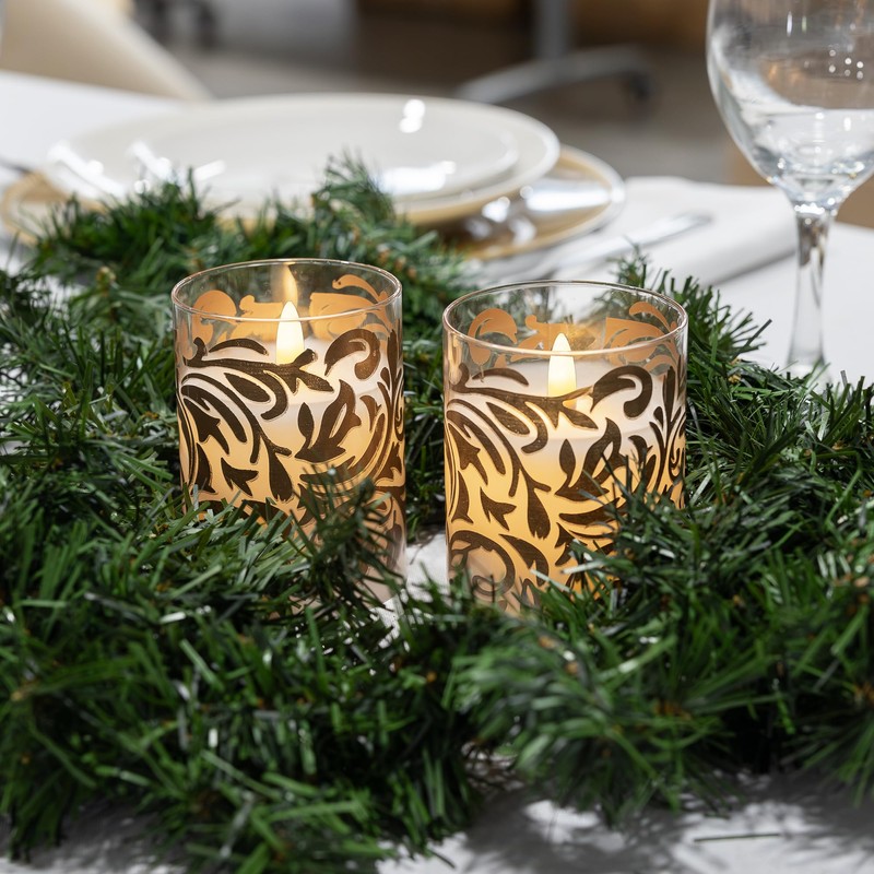 LumaBase Battery Operated LED Glass Candles with Flickering Flame, Gold