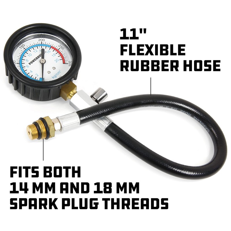 Powerbuilt Compression Tester, 14mm & 18mm Spark Plug Threads, Up