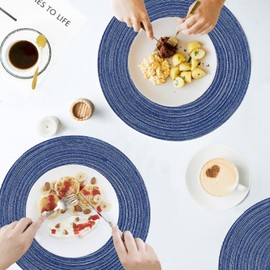 Blue Round Placemats Set of 6, ZOIMINU 36cm/14.2 inch Braided Place Mats for Dining Tables, Washable Cotton Polyester Woven Placemats, Heat Resistant Non-Slip Table Mats (Blue)