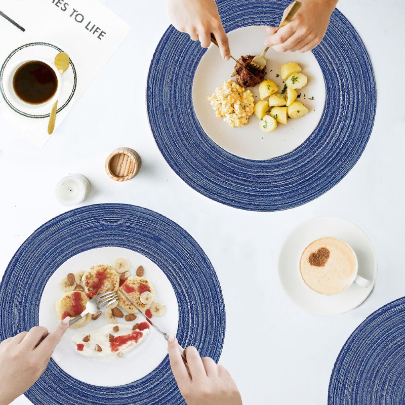 Blue Round Placemats Set of 6, ZOIMINU 36cm/14.2 inch Braided