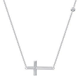 FANCIME Women's Necklace with Cross Horizontal Pendant Made of 925 Sterling Silver with White/Yellow Gold-Plated Round Cut Cubic Zirconia for Women Girls Baby Children - Adjustable Chain Length: 40 +
