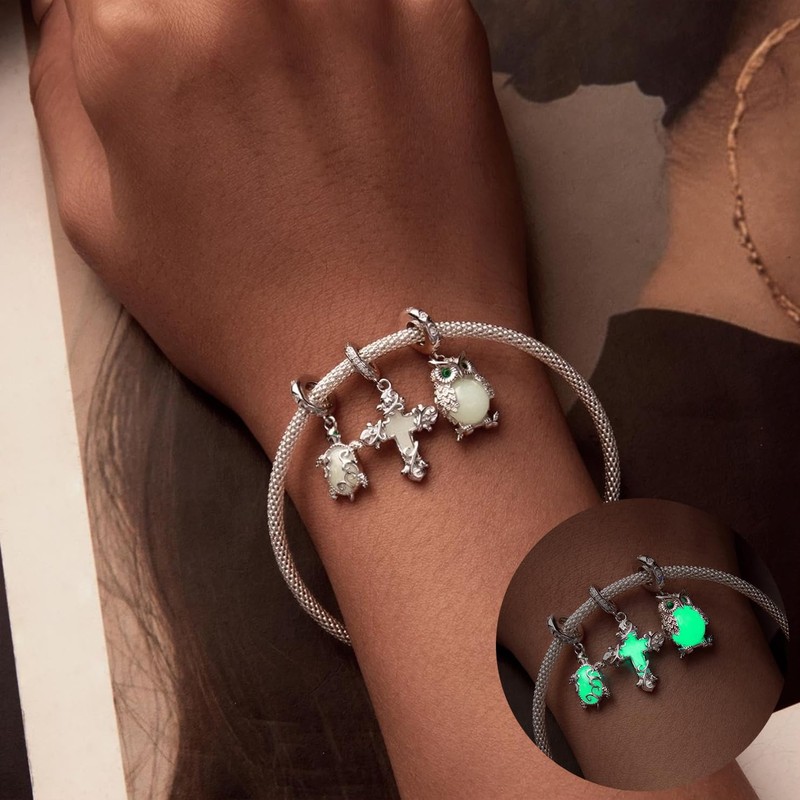 925 Sterling Silver Owl Charms for Bracelet Glow in the