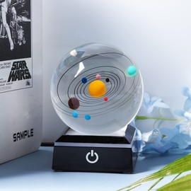 3D Colorful Solar System Crystal Ball with Lights Base Astronomy Gifts for Men Kids, Glass 8cm Planets Model Globe Science Universe Ornaments for Son Celestial Decor