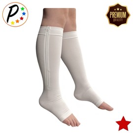 Presadee Premium 20-30 mmHg Firm Compression Leg Calf YKK Zipper White Socks (Open Toe, 3)