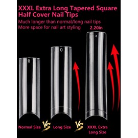 Clear No C Curve Nail Tips for Acrylic Nails Professional, 240Pcs XXXL Extra Long Tapered Square Straight Acrylic Nail Tips, Half Cover French Nail Extension False Nails for Manicure Nail Art 12 Sizes