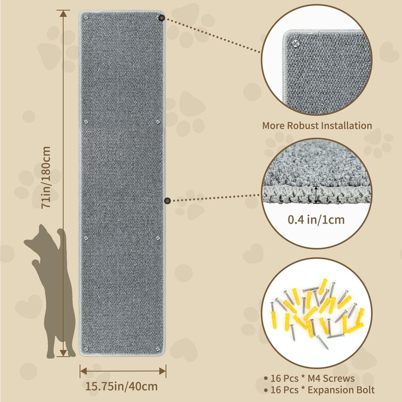 FHTONGE 71x15.8 Thickened Cat Wall Climbing Carpet with 16 Fixed