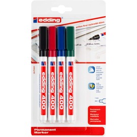 edding 400 Permanentmarker - schwarz, rot, blau, grün - 4 Stifte - feine Rundspitze 1 mm - wasserfest, schnell-trocknend - wischfest - für Karton, Kunststoff, Holz, Metall, Glas