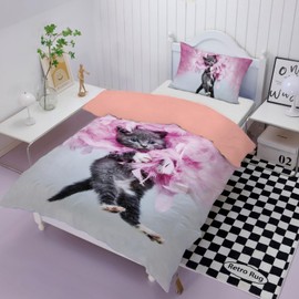 HOMHOMHA Cute Cat Duvet Cover Set Single Size for Girl Kids Bed Cover Adults Bedroom,Grey Kitty Pink Feather 3D Bedding Duvet Cover Cat Themed Bedspread,Soft Microfiber Bed Set