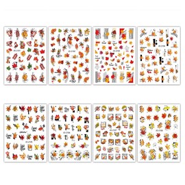 8 Sheets Thanksgiving Day Nail Art Stickers 3D Self-Adhesive Fall Maple Leaf Nail Decals Autumn Abstract Leaf Fox Letter Nail Design for Acrylic Nail Art Fall Nail Art Supplies Women Nail Decorations