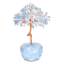 Top Plaza Healing Crystals Aquamarine Crystal Tree with Glass Base Handmade Natural Gemstone Life Tree Mini Bonsai Money Trees Good Luck Home Office Desk Decor
