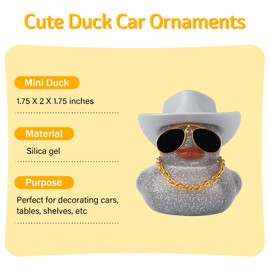 wonuu Car Rubber Duck, Dashboard Decorations Colorful Sparkly Cowboy Hat Ducks for Car Ornament Accessories with Hat, Diamond Glasses, Necklace, Sparkling Gray