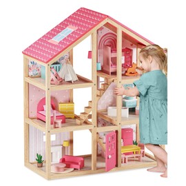 Tiny Land Wooden Dollhouse for Girls - 6 Rooms Wooden Doll House, DIY Pretend Doll House with 31Pcs Furniture Accessories, Creative Gift for Girl Ages 3+
