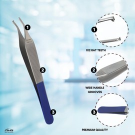 Adson Tissue Forceps 1x2 Teeth 4.75" Surgical Tweezers Wide Handle Ridged Non-Slip Grip, Stainless Steel (Blue-CRV)
