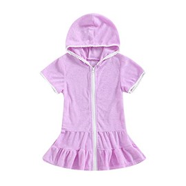 Girls Swim Cover Ups Kids Terry Zip Up Beach Swimsuit Coverup Hooded Dress with Pocket 2-10 Years (Purple,4T)