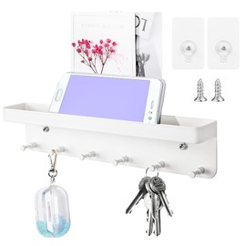 Key Rack with Shelf, White Key Holder, Key Rack with Shelf and 6 Hooks, Stainless Steel Key Holder, Easy to Install Key Holder, No Drilling, for Hallway, Kitchen, Bathroom