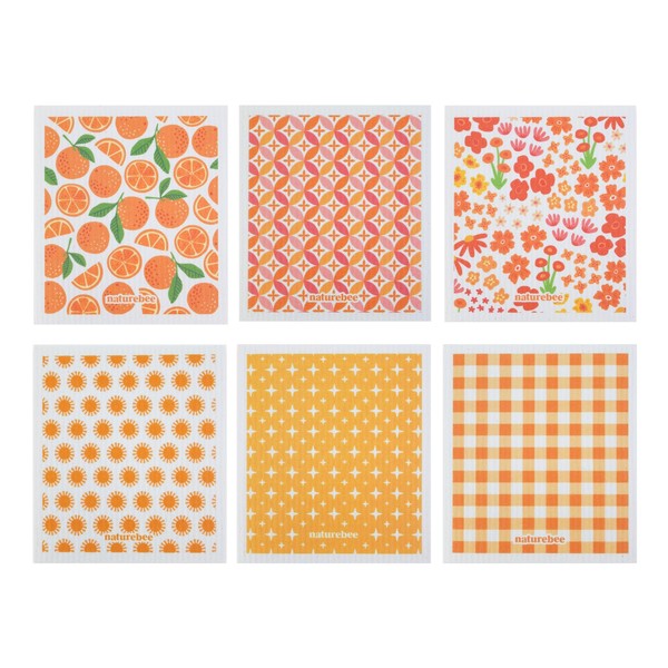 Orange Swedish Sponge Dishcloth Pack of 6 - Reusable, Washable,