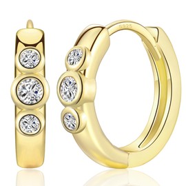 CERSLIMO Gold Creole Earrings 3 Round AAA Zirconia 9 mm Silver 925 Gold-Plated Silver Earrings Small Jewellery for Men and Women, Cubic Zirconia
