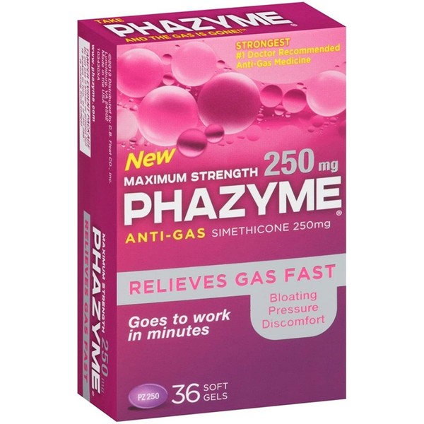 Phazyme Maximum Strength Gas and Bloating Relief | 250 mg Simethicone | 36 FAST GELS