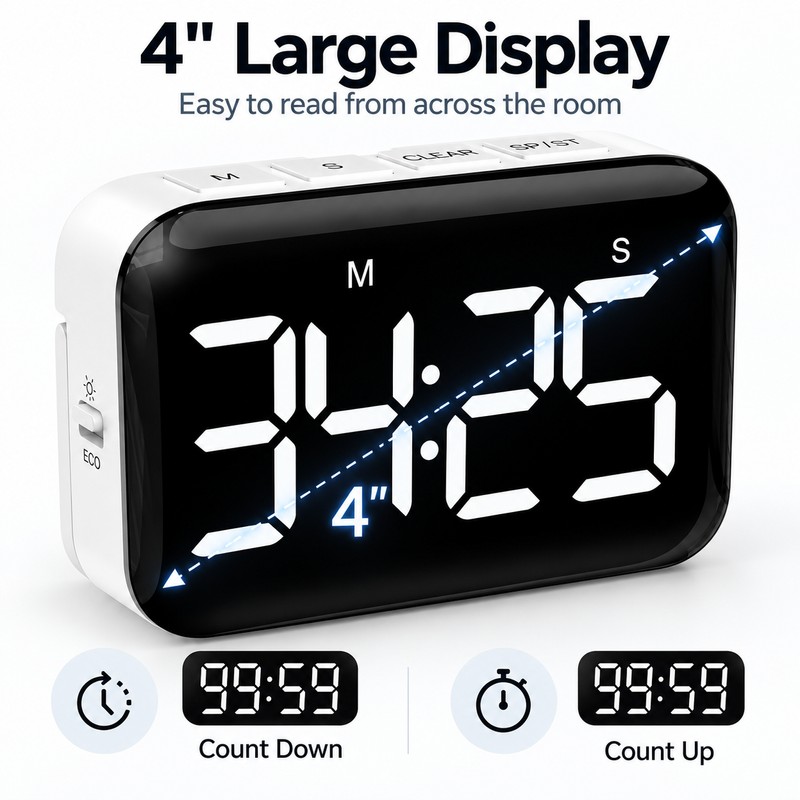 Large LED Digital Kitchen Timer – Magnetic Count Up &