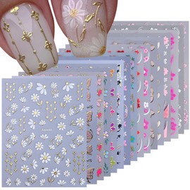 Flower Stickers for Nails Art Decals 16 Sheets Daisy Hibiscus Plant Nail Designs Flower Petal Leaves 3D Self-Adhesive DIY Nail Art Supplies White Pink Floral Stickers for Nails Manicure Decoration