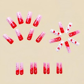 24Pcs Valentines Press on Nails Long Coffin Fake Nails Red Heart Design White Pink Glossy False Nails Full Cover Artificial Glue on Nails Romantic Valentine's Day Stick on Nails for Women Nail Art DIY
