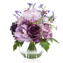 Artificial Flowers in Vase for Home Decor, Fake Lavender & Silk Peony Rose Bouquet Centerpieces in Glass Vase with Fake Water for Party Wedding Dinning Table Office Hotel Decor (Lavender Purple Mixed)
