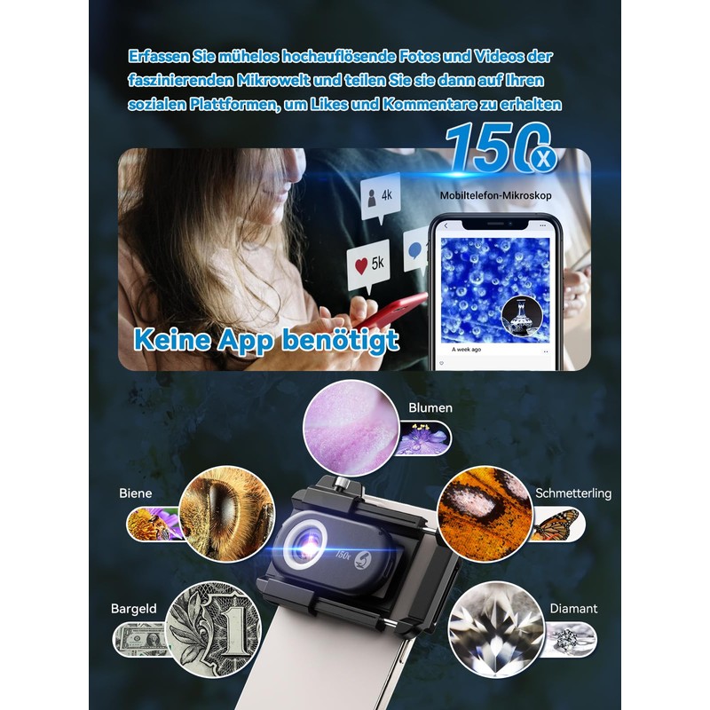 APEXEL 150X Mini-mikroskop für Smartphone-Kamera,Handy mikroskop für Smartphone,Explore Micworld with