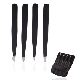 Leather Phobia 4-Piece Professional Tweezers Set – Black Stainless Steel Pluckers with Case