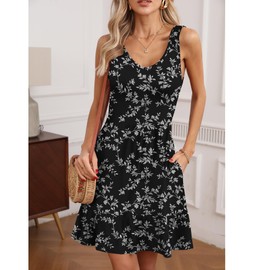 LILBETTER Women's V Neck Trendy Summer Sundresses Casual Pleated Ruffle Hem Knee Length Sleeveless Mini Dress with Pockets(Black Leaves,Large)