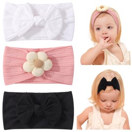 jollybows 3 PCS Baby Bows Headbands Soft Nylon Baby Girl Flower Headbands for Newborn Infant Toddler Kids Cute Bow Wide Hairbands Hair Accessories(White Pink Black)