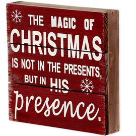 Rustic Christmas Sign Decor Wood Plaque Hanging Wall Art Sign, 8" x 8" Primitive Christmas Box Sign Hanging Decoration Wooden Wall Decor Sign The Magic of Christmas Home Decor Accent (Xmas Sign D)