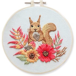 Meecaa Squirrel Flower Leaves Pinecone Embroidery Kit Starter Set, Hand Embroidery Set,Pattern Printed Cross Stitch Set for Beginner Adults, with Embroidery Hoop and Instructions (Squirrel)