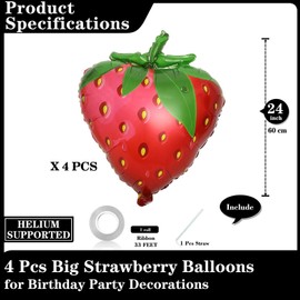 Giant 4 Pcs Strawberry Balloons, 24 Inch Mylar Foil Cute Balloons for Fruit Themed Birthday Party Decorations