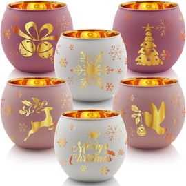 Pink Christmas Candle Holder Set of 6, Glass Votive Tealight Holder with 6 Laser Engraving Patterns for Winter Xmas Table Centerpiece Decoration