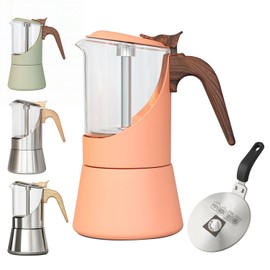 TWOCE Glass Moka Pot for Stovetop & Induction - Italian Espresso Maker with Wood Handle & Leak-Proof Design - Comes with Induction Heat Diffuser Plate (6 Cup, Pale orange 240ml)
