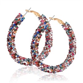 NLCAC Glitter Hoop Earrings Bohemian Sparkle Resin Rhinestone Wrapped Hoop Dangle Earrings for Women (A-rainbow)