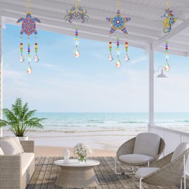 4 Pcs Sea Animal Diamond Painting Suncatcher Double Sided Crystal Sea Animal Wind Chime Kit Wind Chime DIY Diamond Painting Animals Crystal Hanging Ornament with Chain for Adults Home Craft