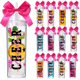 LemonRoad 12 Pcs Cheerleader Gifts Bulk for Team Cheer Cup Bow Tumbler with Lid and Straw 16oz Double Layer Clear Plastic Water Bottle for Players Sport Party Favor Senior Night Gifts(Rose Red)