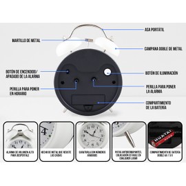CONTROL EXPERT Reloj Despertador Campana Retro Analógico Estilo Vintage Alarma Decorativo Retro Retroiluminación (Blanco)